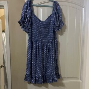 Blue Polka Dot Smocked Puff Sleeve Dress